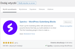 Instalacja wtyczki Spectra w kokpicie WordPressa